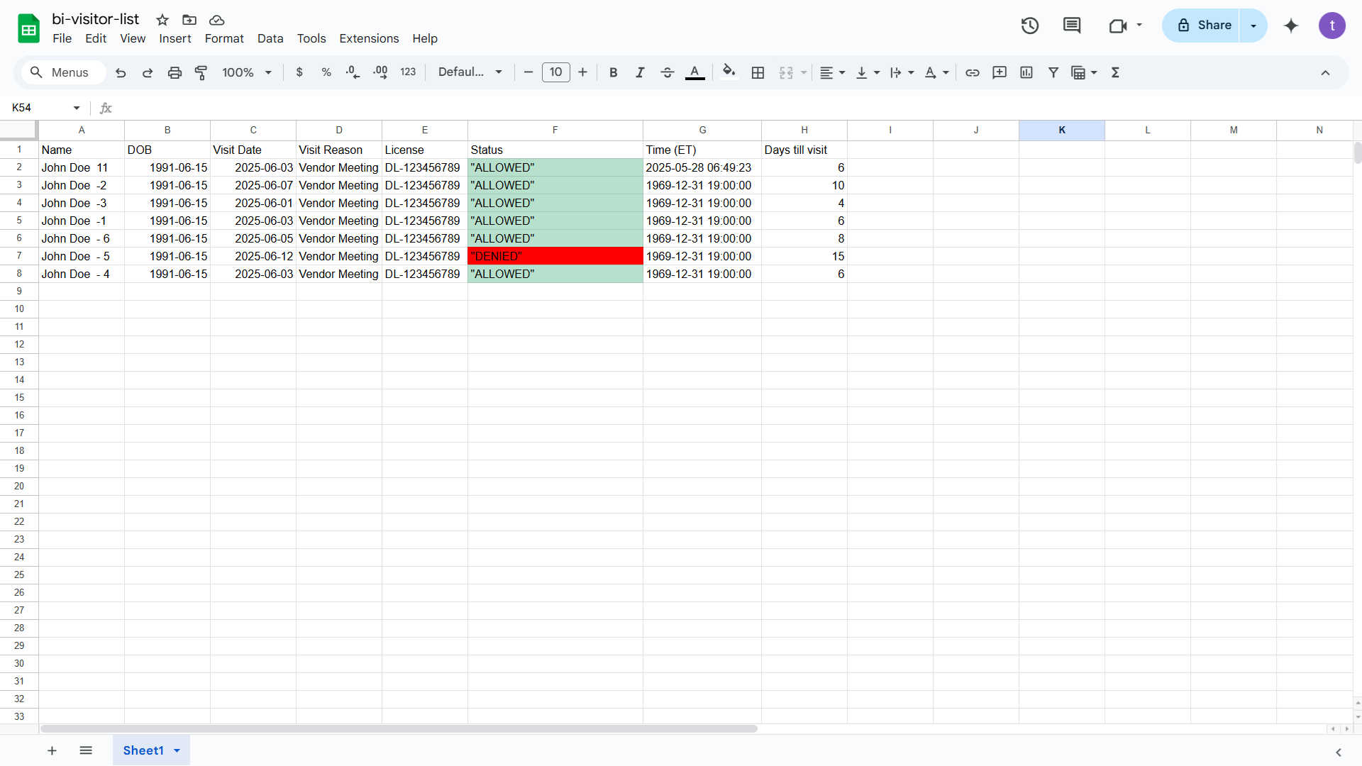 Visitor Log Sheet